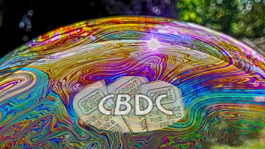 Imagen de una esfera a colores con la palabra 'CBDC' en el medio y un fondo de lingotes de oro