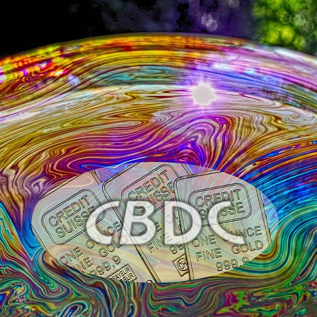 Imagen de una esfera a colores con la palabra 'CBDC' en el medio y un fondo de lingotes de oro
